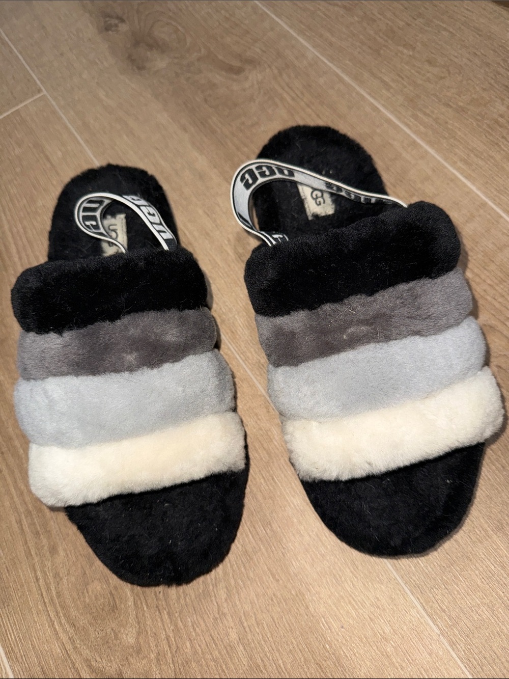 UGG Fluff Yeah Slide with Ombre Fur Straps in Black, Gray, Light Gray, Cream - Picture 2 of 4